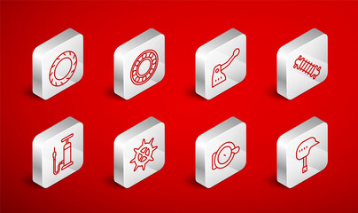 Set line Bicycle helmet, ball bearing, brake, suspension, bell, wheel tire, sprocket crank and air pump icon. Vector