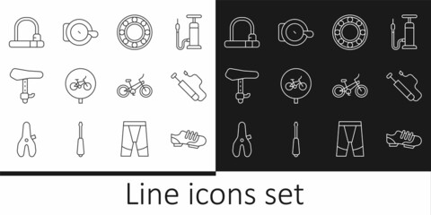 Set line Bicycle shoes, air pump, ball bearing, seat, lock, and bell icon. Vector