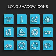 Set line Bicycle, wheel tire, handlebar, brake disc, bell, Tool allen keys, shoes and ball bearing icon. Vector
