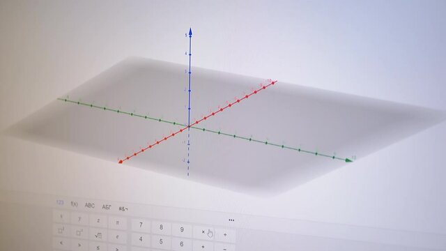 Three-dimensional 3d Model Calculator on a Computer Monitor Screen. Projection rotation of the coordinate axis on the plane, pointers, points, directions. Pressing with the cursor on numbers, letters.