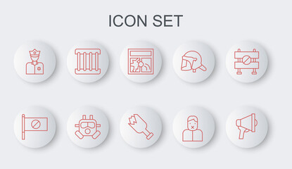 Set line Megaphone, Protest, Broken window, Censor and freedom of speech, Police officer, Prison, Gas mask and bottle weapon icon. Vector