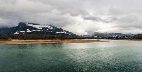 panorama overcast cloudy day at Columbia river near Revelstoke British Columbia