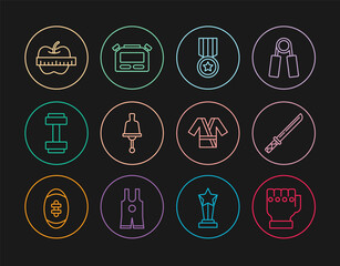 Set line MMA glove, Japanese katana, Medal, Ringing bell, Dumbbell, Apple and measuring tape, costume Kimono and Stopwatch icon. Vector