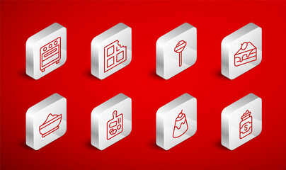 Set line Jar of sugar, Chocolate bar, Lollipop, Piece cake, Pudding custard, Oven, Cutting board and Flour bowl icon. Vector