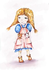 Cute little girl in a srafan and toys in his pockets