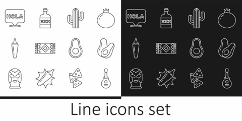 Set line Mexican guitar, Avocado fruit, Cactus, carpet, Hot chili pepper pod, Hola, and Tequila bottle icon. Vector © vector_v