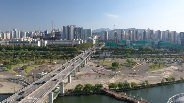 Banpo Bridge and submerged bridge with han-river, Seoul, Korea, double bridge drone view, Following bridge, 잠수교와 반포대교, 서울 한강 드론 뷰