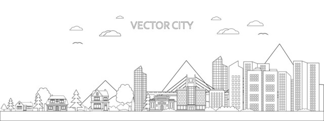 Vector poster with city view in line art style. Panoramic view of a modern city with skyscrapers and a bridge.