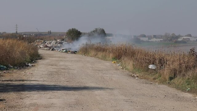 Burning Grabage at Illegal Dump Site Road Environment Damage