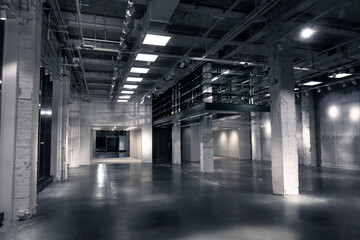 Undecorated interior space of office building at night. Modern Empty Store. Empty room newly renovated store/shop with concrete floor.