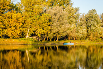 Begec, Serbia - October 30. 2021: Autumn panorama on the artificial lake Begecka jama, near the city of Novi Sad. 