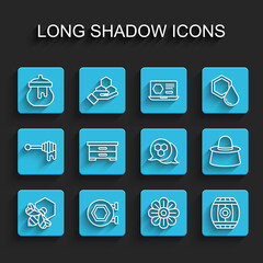 Set line Bee and honeycomb, Hanging sign with, Jar of, Flower, Wooden barrel, Hive for bees, Beekeeper protect hat and Honeycomb icon. Vector