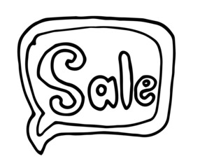 speech bubble in with the word sale. hand-drawn text from comics in the style of a speech bubble isolated by a black outline sale on a white rectangular shape for a design template
