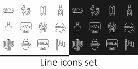 Set line Mexico flag, Hola, Burrito, Mustache, Tequila bottle, Mexican wrestler and Cactus icon. Vector © vector_v