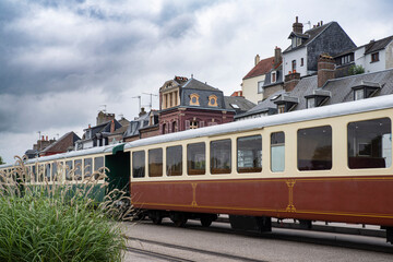 Old red steam train in the town of Saint-Valéry-sur-Somme Picardie in France
