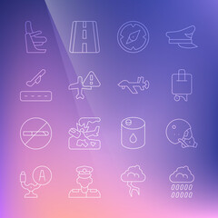 Set line Cloud with rain, Modern pilot helmet, Suitcase, Compass, Warning aircraft, Plane takeoff, Airplane seat and UAV Drone icon. Vector