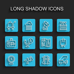 Set line Clock, Warning aircraft, Trolley baggage, Parachute, Passenger ladder, Aircraft steering helm, Suitcase and World travel map icon. Vector