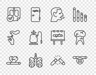 Set line Heart disease with smoking, No, Man coughing, Disease lungs, Lungs x-ray diagnostics, Hookah, Broken cigarette and Tooth caries icon. Vector