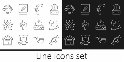 Set line Candy, Man coughing, Hand with smoking cigarette, Joint pain, knee pain, Heart cross, No, Heartbeat increase and Book stop icon. Vector