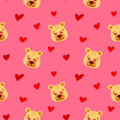 Vector pattern with a cute bear in love, heart eyes, romantic cartoon-style illustration. Pattern for Valentine's Day, postcards, posters, gift wrapping, clothes.