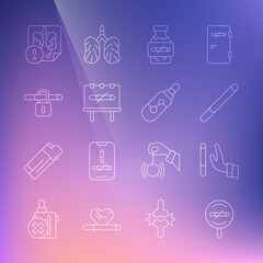 Set line No smoking, Giving up cigarette, Cigarette, Nicotine gum blister pack, Disease lungs and Electronic icon. Vector