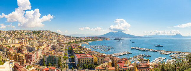 Naples, Italy. August 31, 2021. View of the Gulf of Naples from the Posillipo hill with Mount...