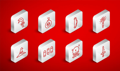 Set line Dagger, Bomb ready to explode, Medieval bow, Magic wand, ball, Sword for game, Bullet and Witch hat icon. Vector