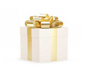 White gift box with gold ribbon. Isolated on a white background. 3D illustration