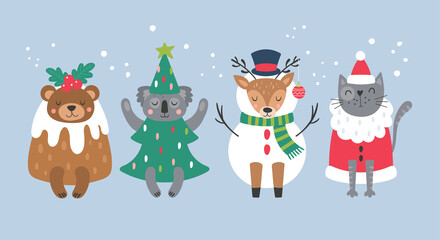 Christmas holiday cute animals in Christmas costume set. Childish print for cards, stickers, apparel and nursery decoration. Vector illustration