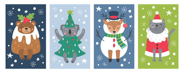 Christmas holiday cute animals in Christmas costume set. Childish print for cards, stickers, apparel and nursery decoration. Vector illustration