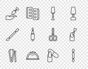 Fototapeta premium Set line Nail cutter, Cuticle pusher, polish, Manicure lamp, Milling for manicure, file and icon. Vector