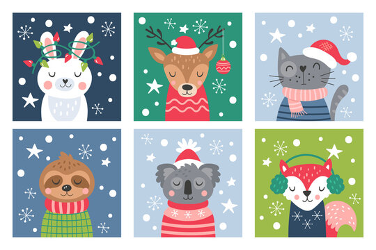 Christmas holiday cute animals set. Childish print for cards, stickers, apparel and nursery decoration. Vector illustration