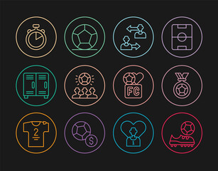 Set line Football shoes, or soccer medal, Substitution football player, Soccer, Locker changing room, Stopwatch, Fan club and icon. Vector
