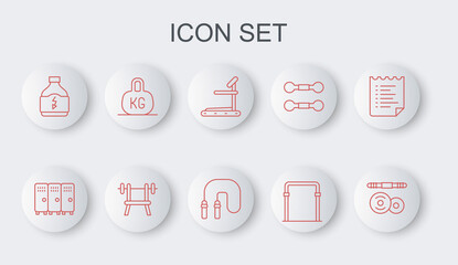Set line Barbell, Locker or changing room, Treadmill machine, Sport horizontal bar, Sports nutrition, Weight, Bench with barbell and Jump rope icon. Vector