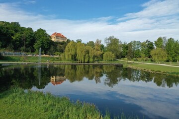 Fototapeta premium An aerial view of Prague's largest park Stromovka in spring sunny morning
