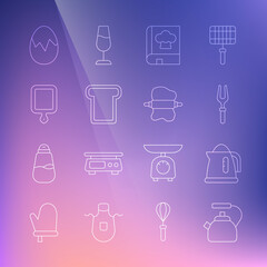 Set line Kettle with handle, Electric kettle, Barbecue fork, Cookbook, Bread toast, Cutting board, Broken egg and Rolling pin on dough icon. Vector