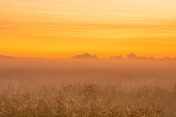 夜明けの渡良瀬遊水池と筑波山