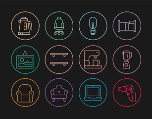 Set line Hair dryer, Blender, Light bulb, Empty wooden shelves, Picture, Electric kettle, Coffee machine and Office chair icon. Vector