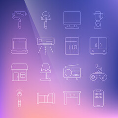 Set line Mobile Apps, Gamepad, Wardrobe, Smart Tv, Air conditioner, Laptop, Paint roller brush and Refrigerator icon. Vector