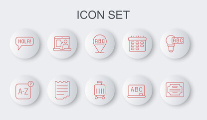 Set line Certificate template, Online translator, Alphabet, Chalkboard, Hola different languages, Foreign online study, Notebook and Suitcase icon. Vector © vector_v