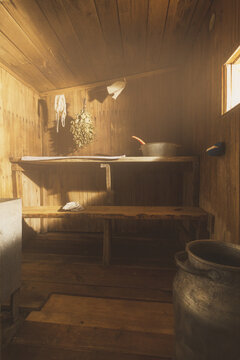 Authentic Interior Of A Real Rustic Russian Bathhouse Sauna.