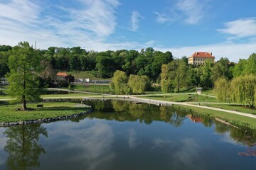 An aerial view of Prague's largest park Stromovka in spring sunny morning