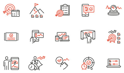 Vector set of linear icons related to productivity time, task management, dashboards of apps, work progress and performance indicators. Mono line pictograms and infographics design elements