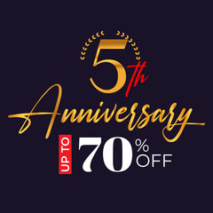 5th-anniversary golden wreath logo and up to 70% off the black background