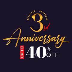 3rd-anniversary golden wreath logo and up to 40% off the black background