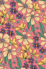 Seamless pattern with flowers in a retro style. Contour flowers and leaves on a pink background. A floral pattern with a simple composition. Retro design for various surfaces. Vector.