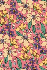 Foto op Plexiglas anti-reflex Seamless pattern with flowers in a retro style. Contour flowers and leaves on a pink background. A floral pattern with a simple composition. Retro design for various surfaces. Vector. © Yulya i Kot