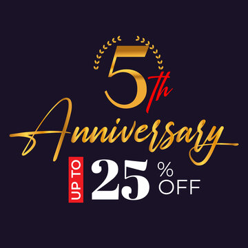5th-anniversary golden wreath logo and up to 25% off the black background