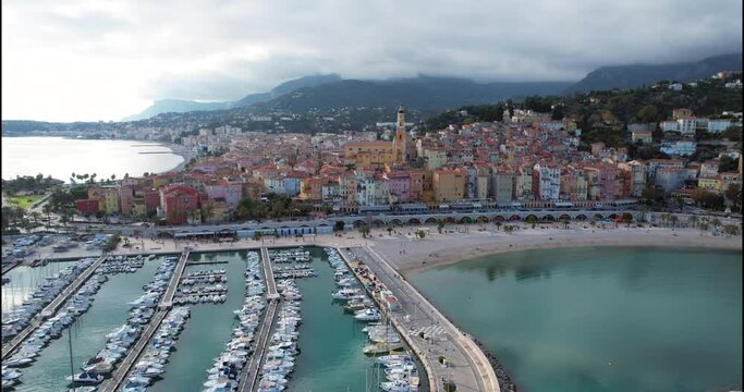 Beautiful Aerial View Of The Old Town Of Menton, Port And The Mediterranean Sea On The French Riviera, France, Europe - DCi 4K Resolution
