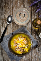 Polish barley soup with vegetables and chicken heart.